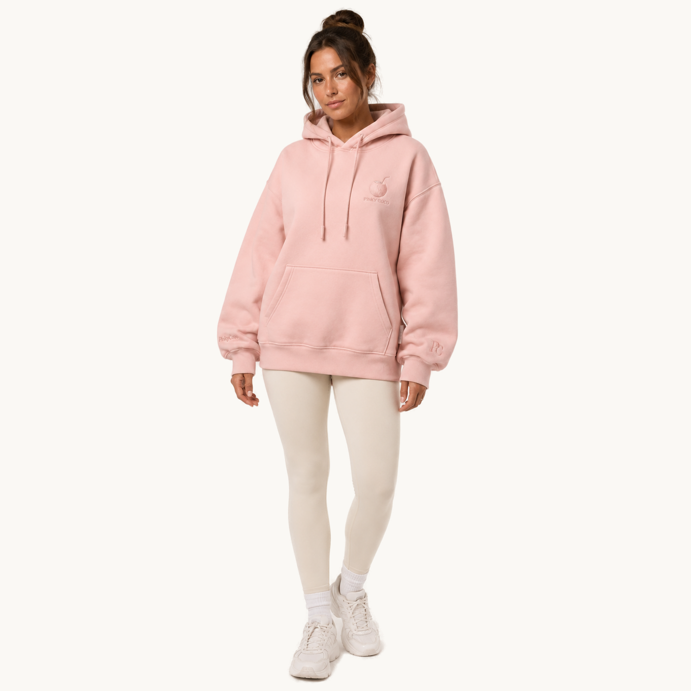 PinkyCoco Coco Cloud 460 women's oversized fleece hoodie on warm ivory background