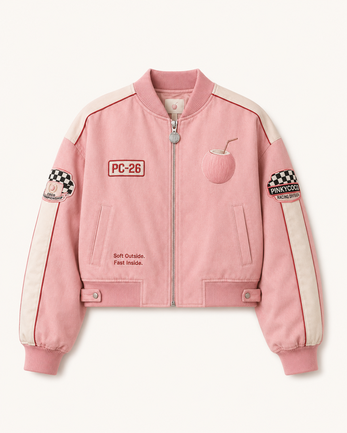 Model wearing the PinkyCoco Coco Grand Prix women's satin racing jacket, front view