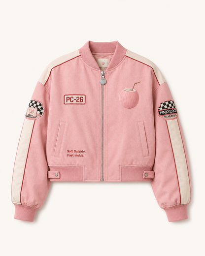 Model wearing the PinkyCoco Coco Grand Prix women's satin racing jacket, front view