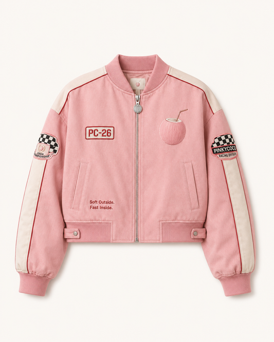 Model wearing the PinkyCoco Coco Grand Prix women's satin racing jacket, front view