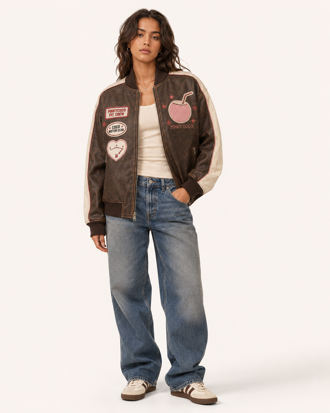 Model wearing PinkyCoco Coco Heritage Pit Crew Women's Fashion Jacket, front view