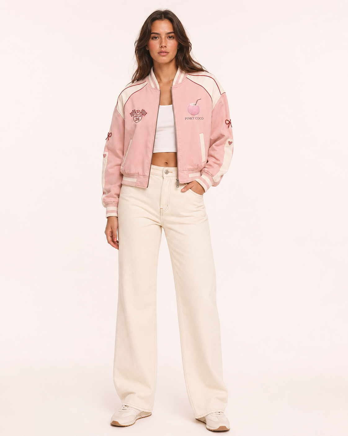 Model wearing the PinkyCoco Coco Love Lap Reversible women's satin racing jacket, front view