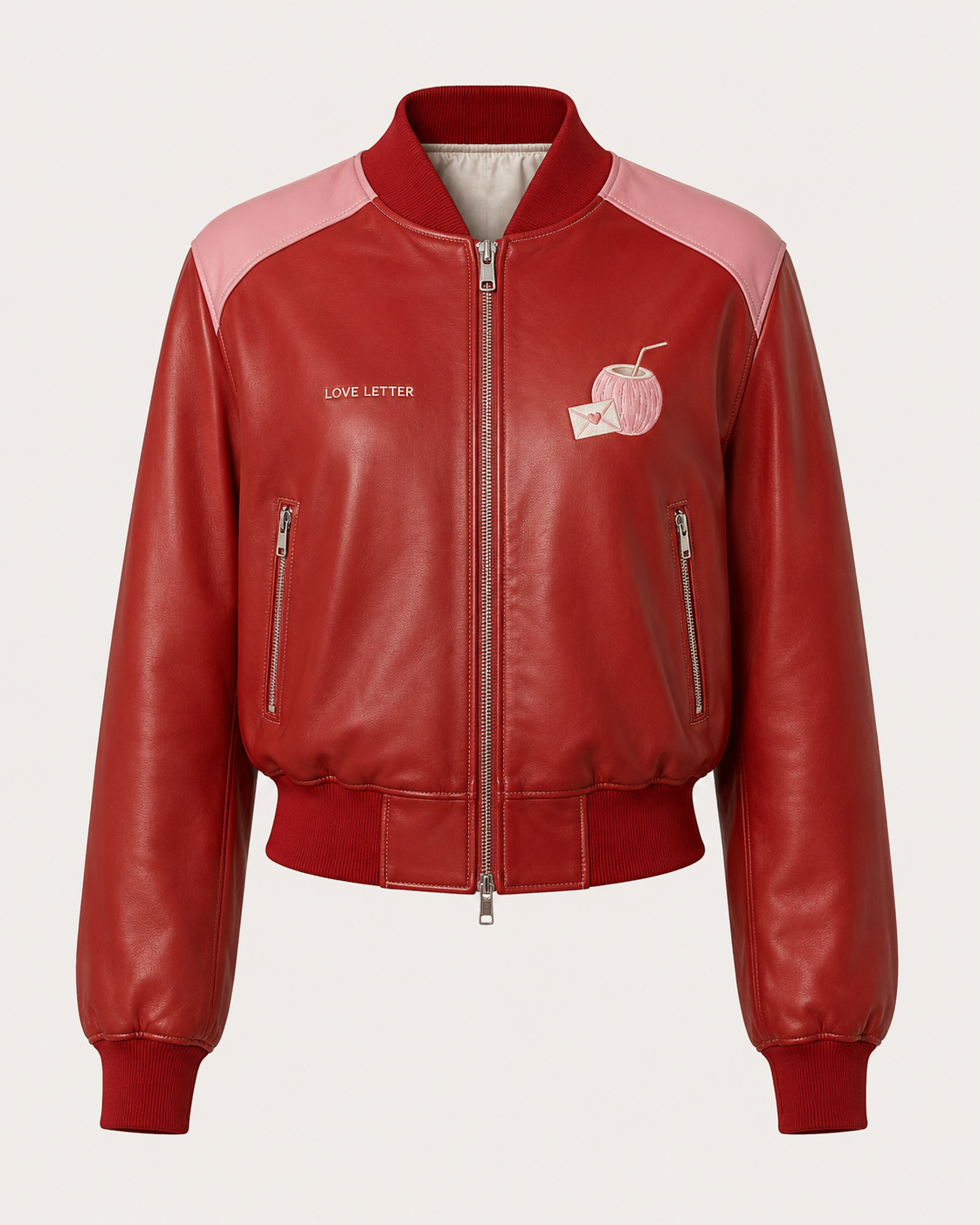 Model wearing PinkyCoco Coco Love Letter Women's Satin Bomber Jacket, front view