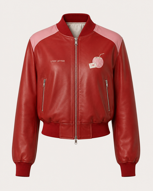 Model wearing PinkyCoco Coco Love Letter Women's Satin Bomber Jacket, front view