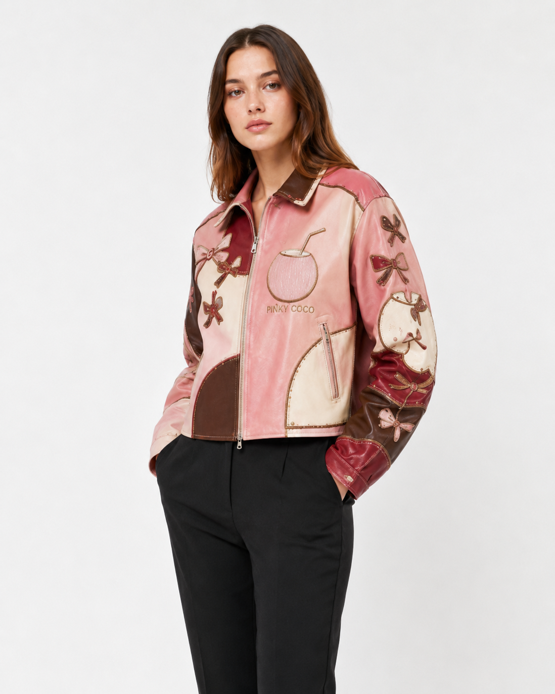 Model wearing PinkyCoco Coco Patchwork Art Women's Leather Fashion Jacket, front view