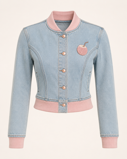 Model wearing PinkyCoco Coco Pink Women's Denim Jacket, front view