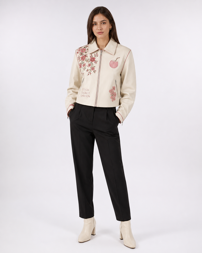 Model wearing PinkyCoco Coco Secret Garden Women's Leather Fashion Jacket, front view