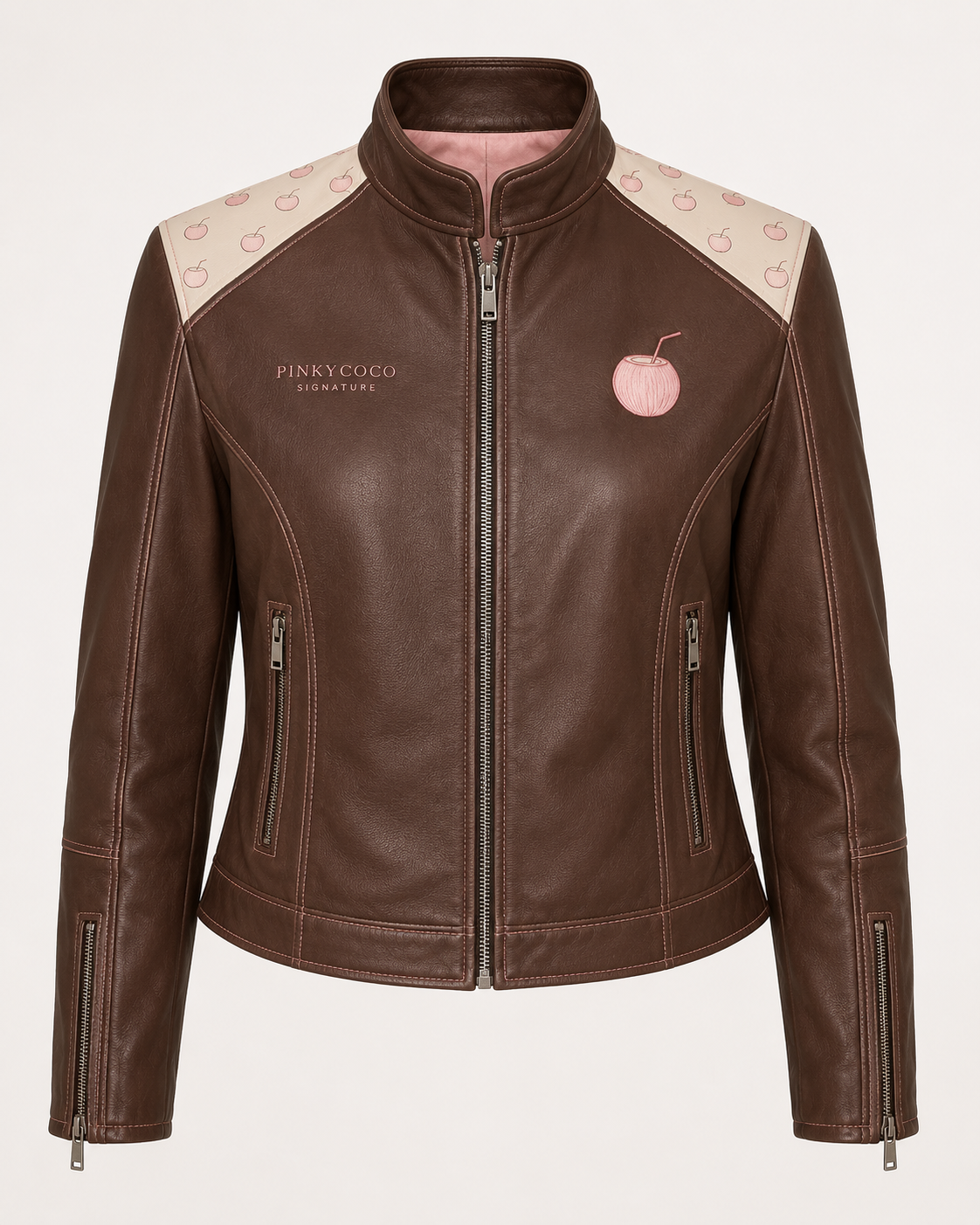 Model wearing PinkyCoco Coco Signature Printed Women's Leather Fashion Jacket, front view