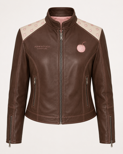 Model wearing PinkyCoco Coco Signature Printed Women's Leather Fashion Jacket, front view
