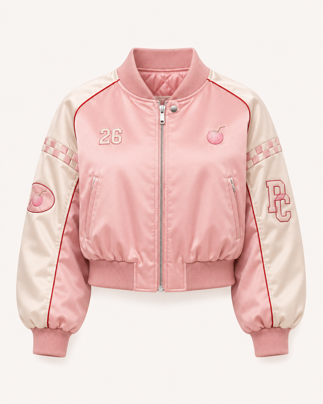 Model wearing the PinkyCoco Coco Speedway women's satin racing jacket, front view