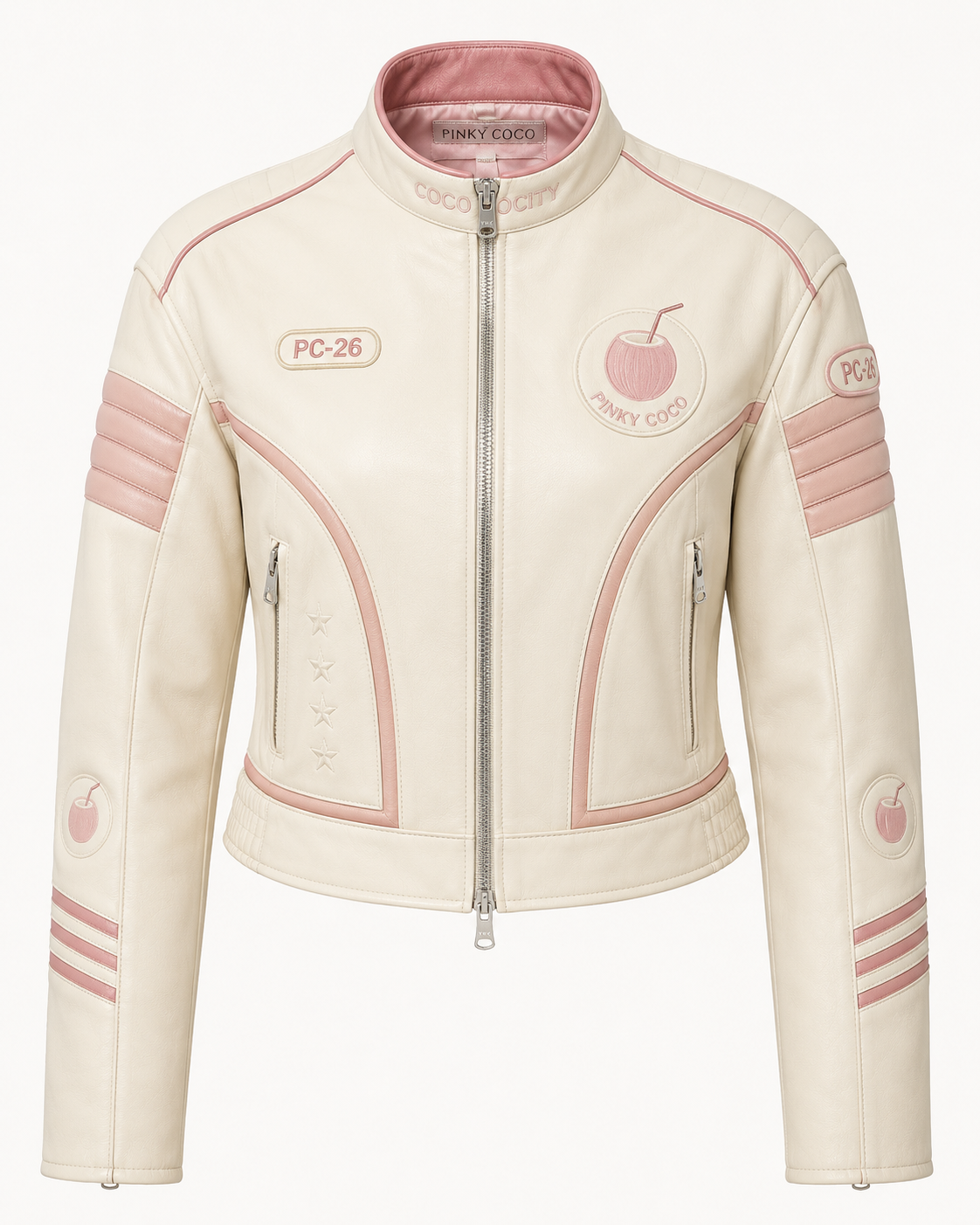 Model wearing the PinkyCoco Coco Velocity women's racing jacket, front view