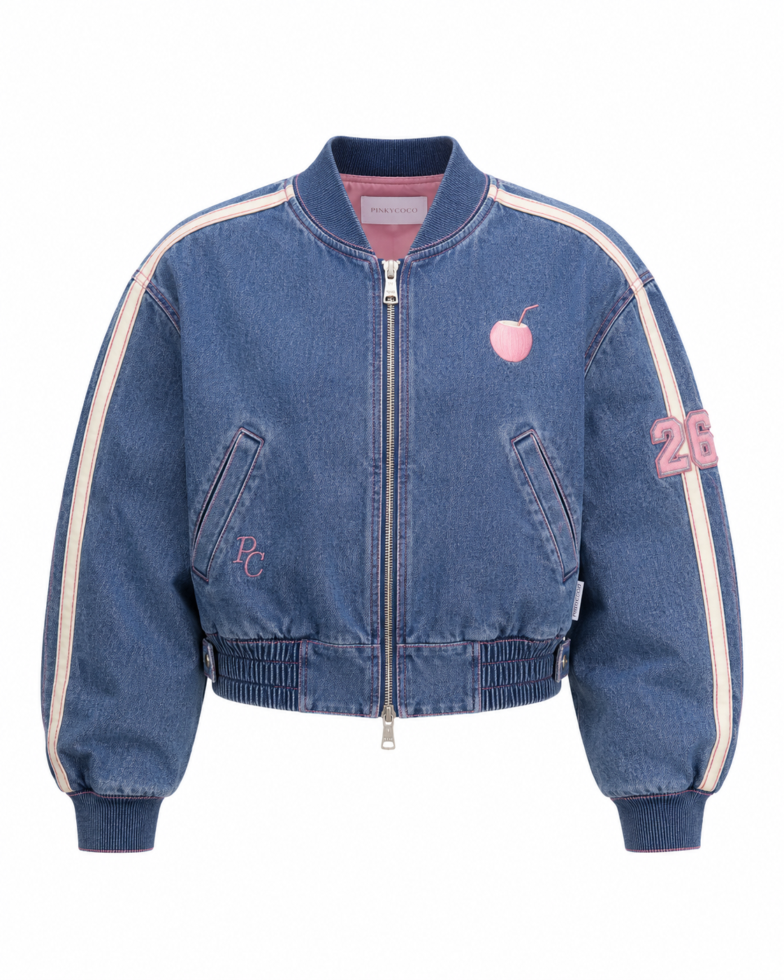 Model wearing the PinkyCoco Coco women's racing jacket, front view
