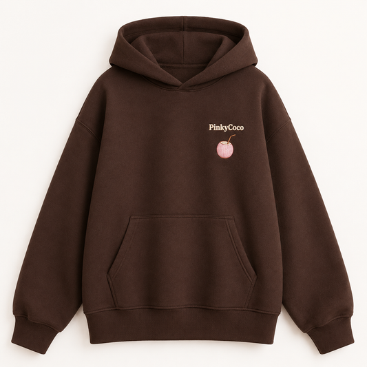 Model wearing the PinkyCoco Cocoa Coffee Palm oversized fleece hoodie