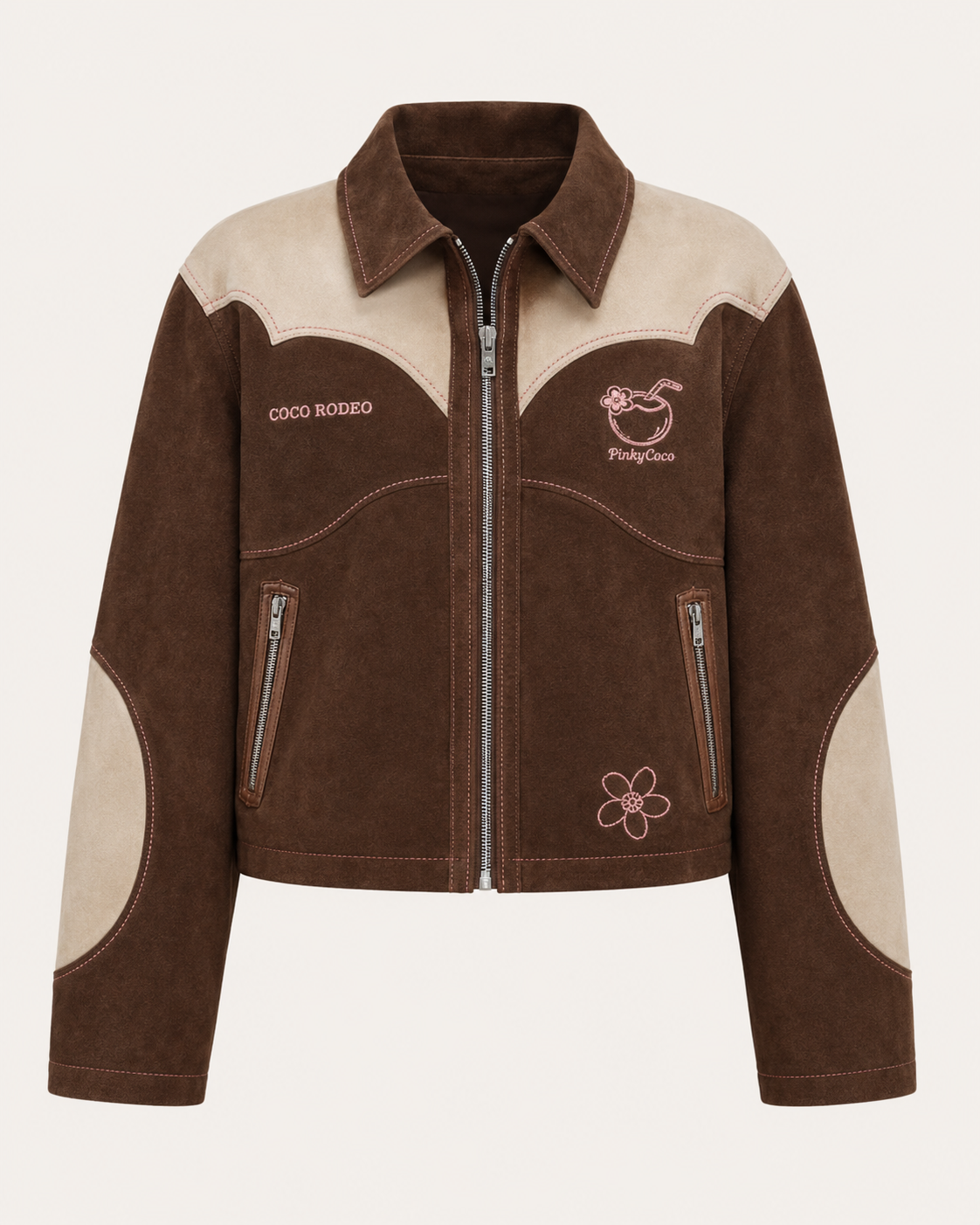 Model wearing PinkyCoco Cocoa Rodeo Women's Leather Fashion Jacket, front view