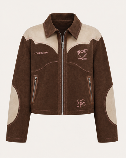 Model wearing PinkyCoco Cocoa Rodeo Women's Leather Fashion Jacket, front view