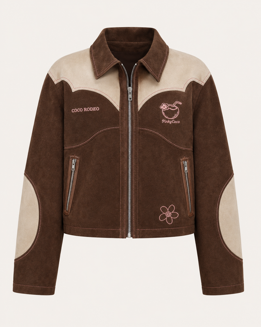 Model wearing PinkyCoco Cocoa Rodeo Women's Leather Fashion Jacket, front view