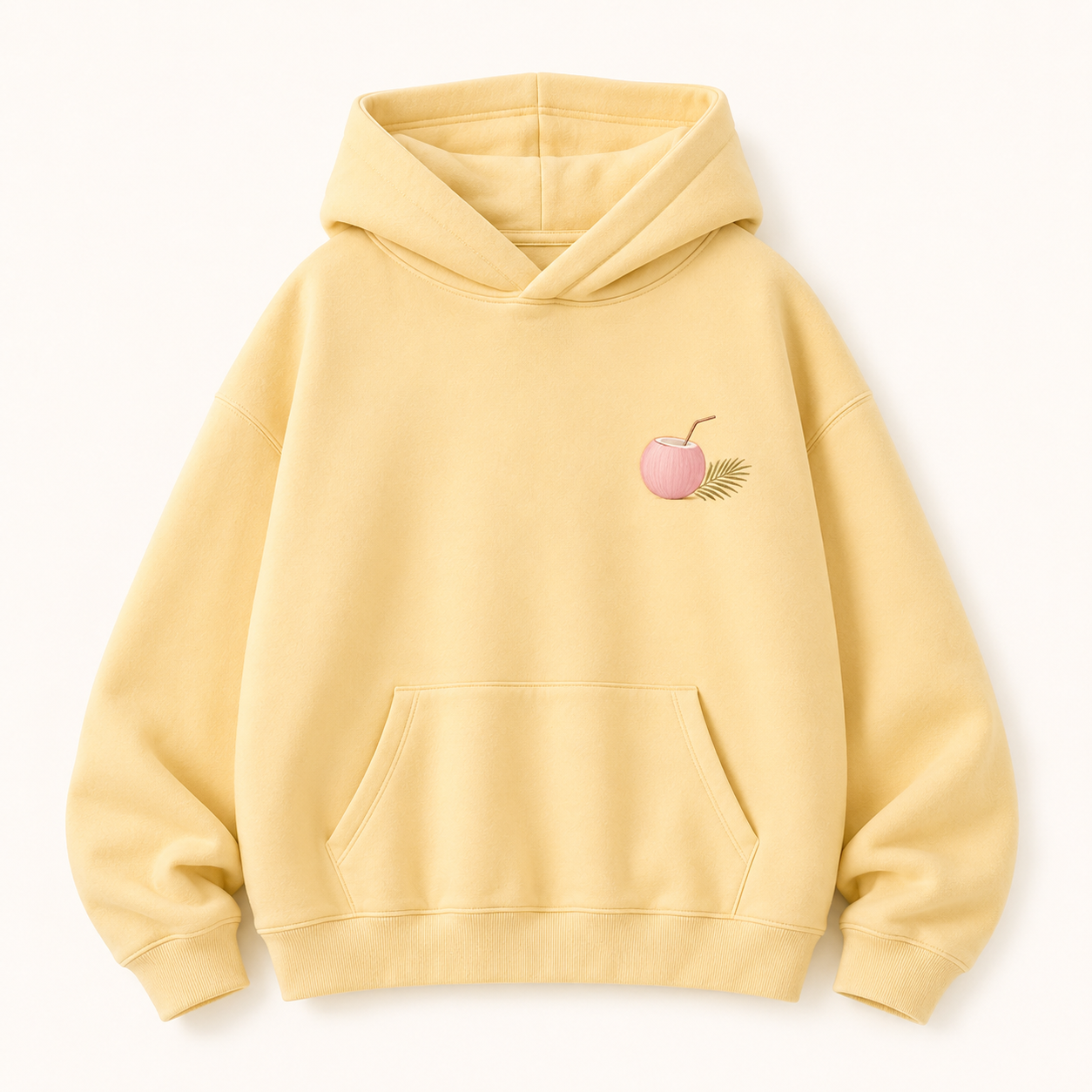 Model wearing the PinkyCoco Coconut Farm Morning oversized fleece hoodie