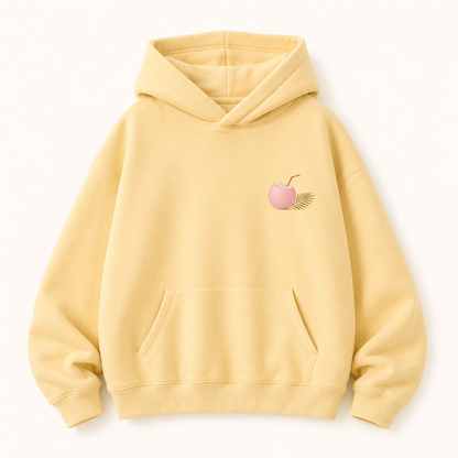 Model wearing the PinkyCoco Coconut Farm Morning oversized fleece hoodie