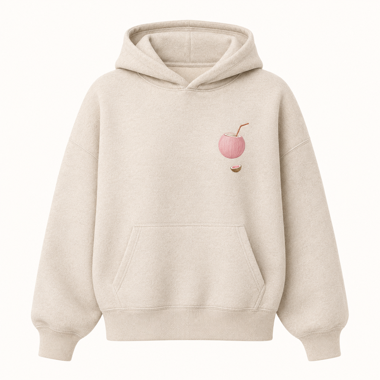 Model wearing the PinkyCoco Coconut Harvest Morning oversized fleece hoodie