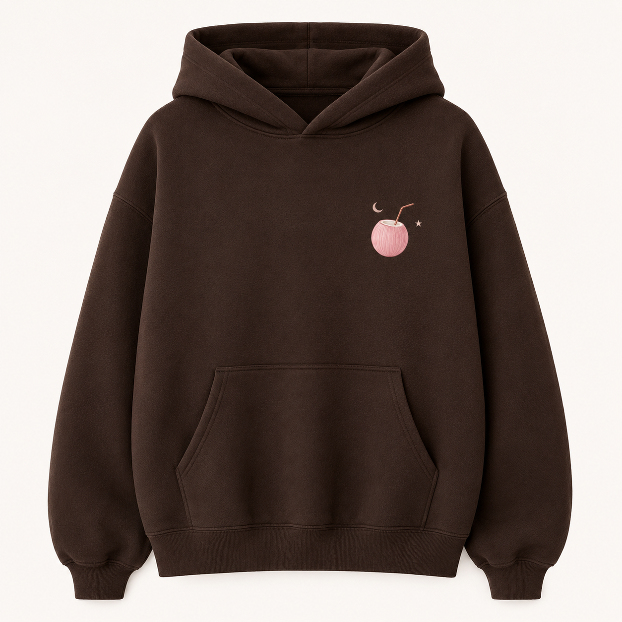 Model wearing the PinkyCoco Coconut Moon oversized fleece hoodie