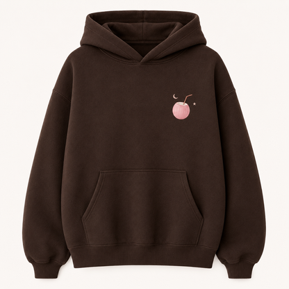 Model wearing the PinkyCoco Coconut Moon oversized fleece hoodie
