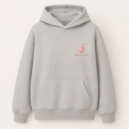 Model wearing the PinkyCoco Coffee By The Coast oversized fleece hoodie