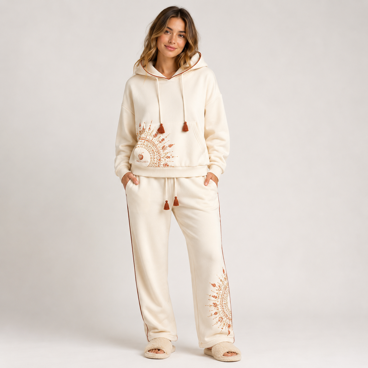 Model wearing the PinkyCoco Cream Sun Mandala fleece hoodie and sweatpants set, front view