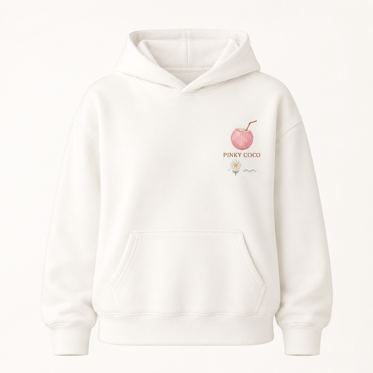 Model wearing the PinkyCoco Daisy Ocean Club oversized fleece hoodie