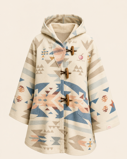 Model wearing the PinkyCoco Desert Bloom Geo women's wool blend artistic hooded cape, front view