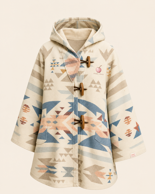 Model wearing the PinkyCoco Desert Bloom Geo women's wool blend artistic hooded cape, front view