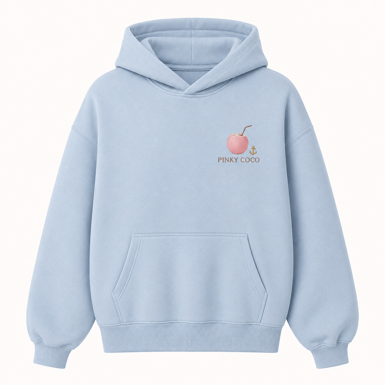 Model wearing the PinkyCoco Dove Over Powder Tide oversized fleece hoodie