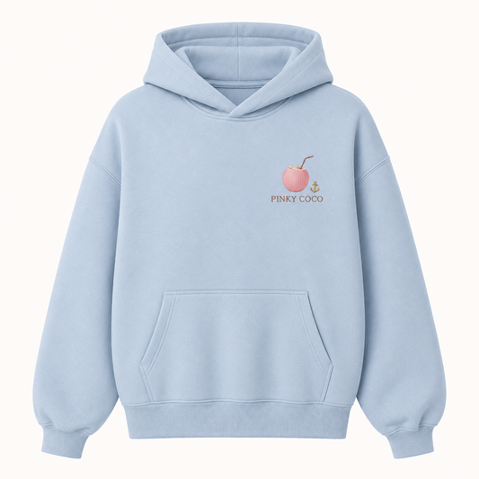 Model wearing the PinkyCoco Dove Over Powder Tide oversized fleece hoodie