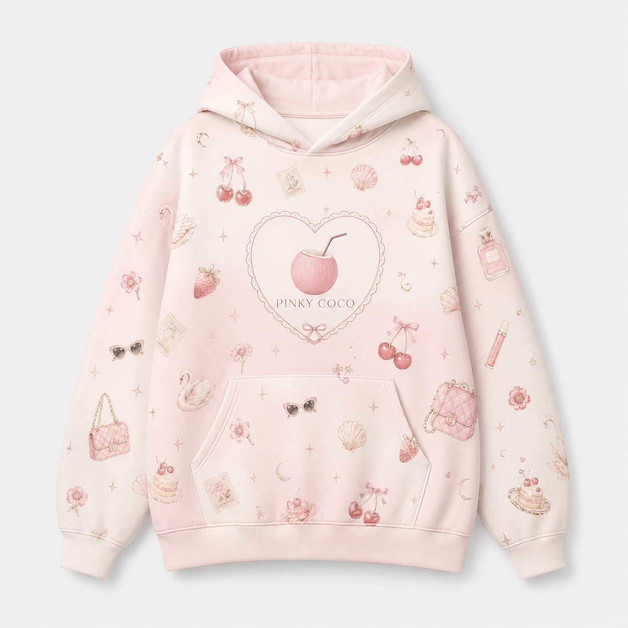Model wearing the PinkyCoco Dream Diary oversized fleece hoodie
