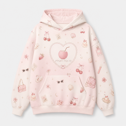Model wearing the PinkyCoco Dream Diary oversized fleece hoodie