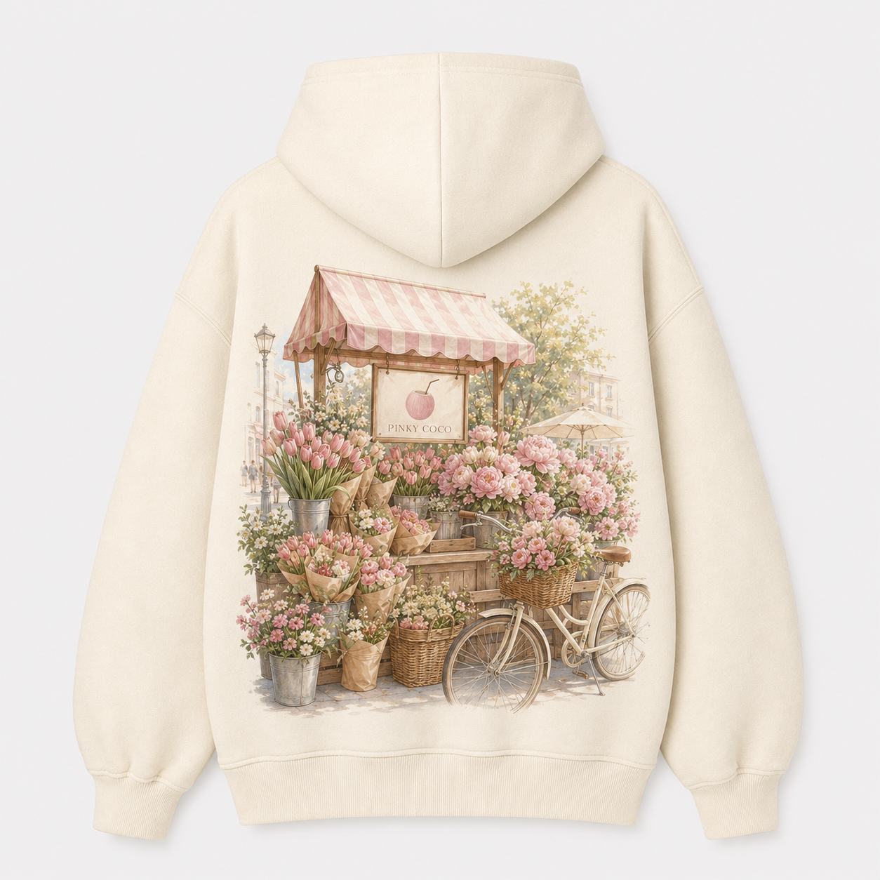 Model wearing the PinkyCoco Flower Market oversized fleece hoodie