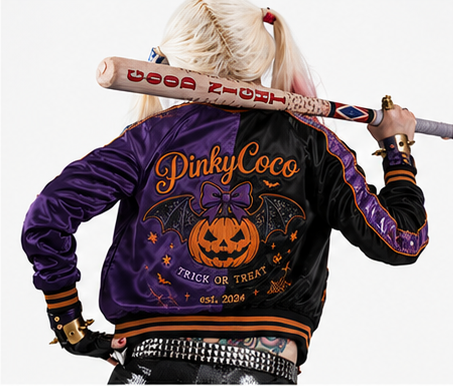 Model wearing PinkyCoco Halloween Women's Satin Bomber Jacket, front view