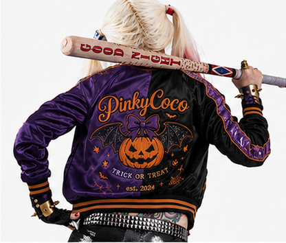 Model wearing PinkyCoco Halloween Women's Satin Bomber Jacket, front view