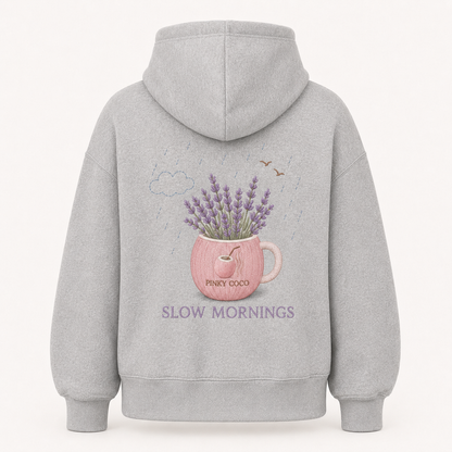 Model wearing the PinkyCoco Lavender Rain Coffee oversized fleece hoodie