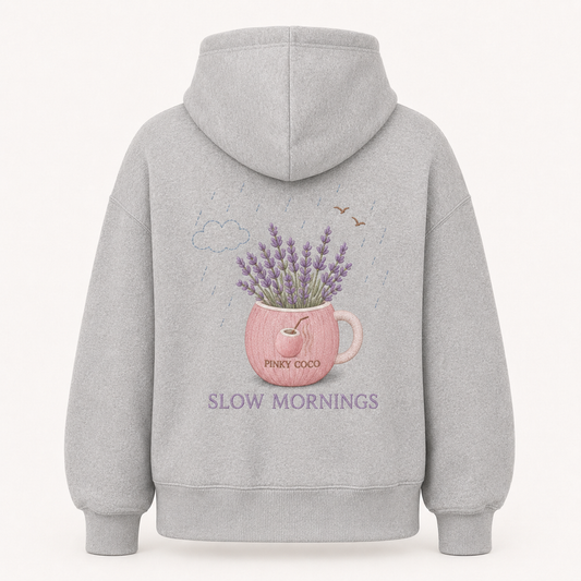 Model wearing the PinkyCoco Lavender Rain Coffee oversized fleece hoodie