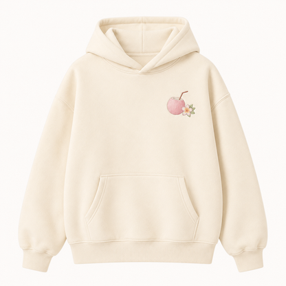 Model wearing the PinkyCoco Lumeria Pearl Tide oversized fleece hoodie