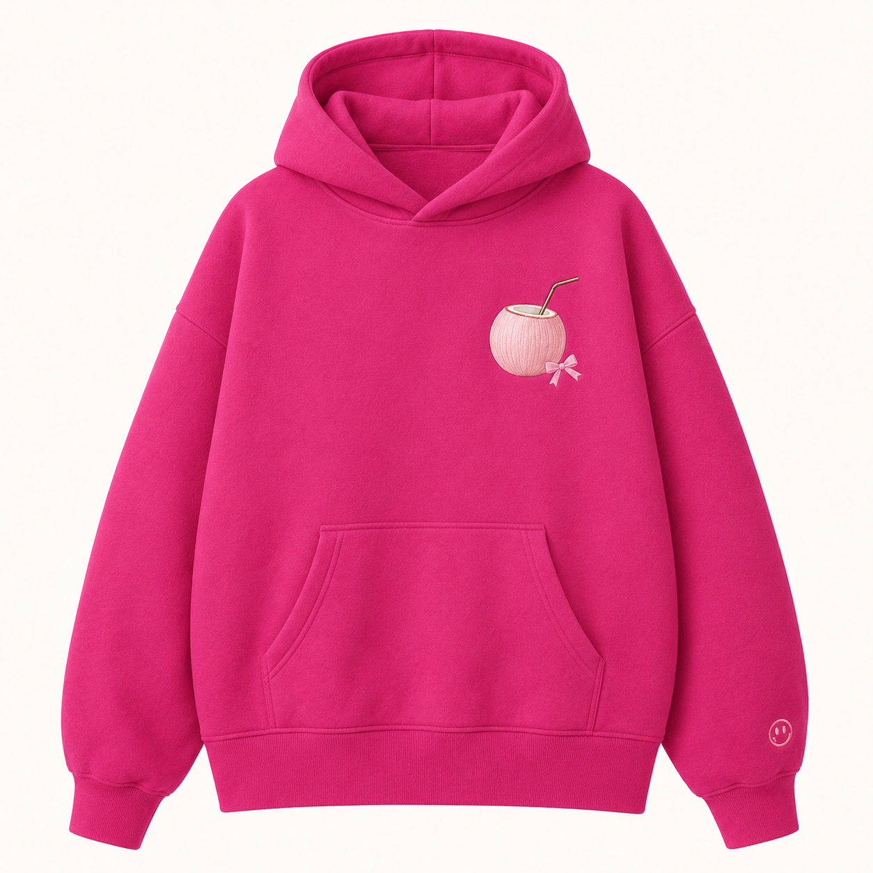 Model wearing the PinkyCoco Magenta Bow Pop Garden oversized fleece hoodie