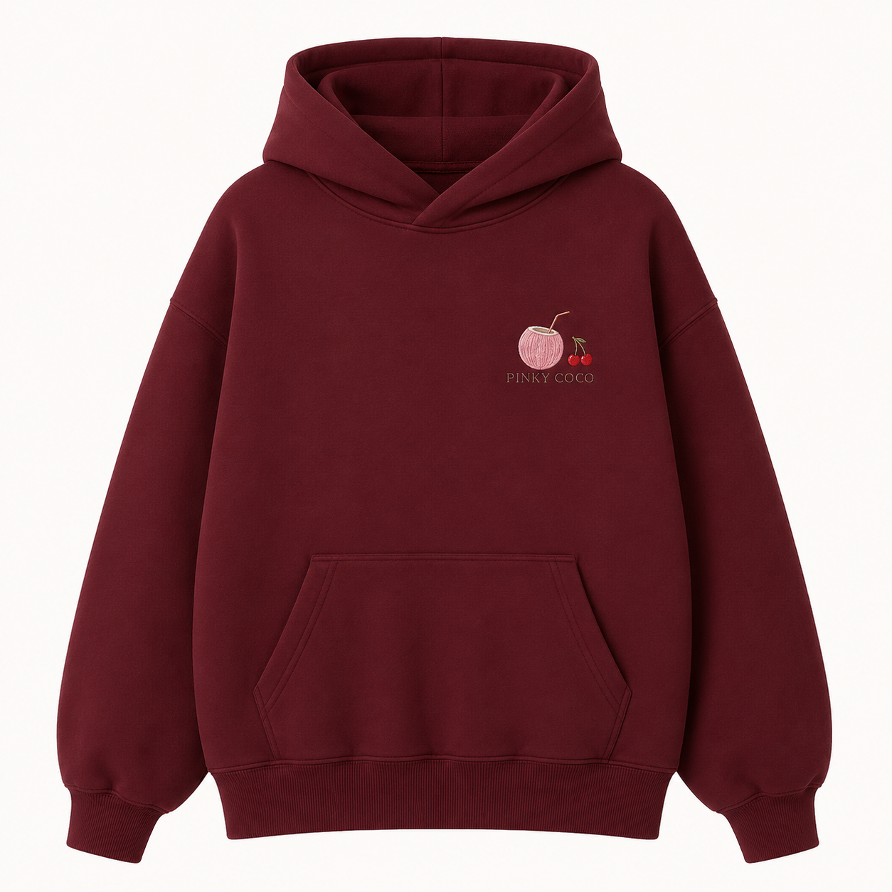 Model wearing the PinkyCoco Maroon Cherry Constellation oversized fleece hoodie