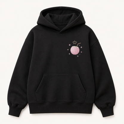 Model wearing the PinkyCoco Midnight Palm Constellation oversized fleece hoodie