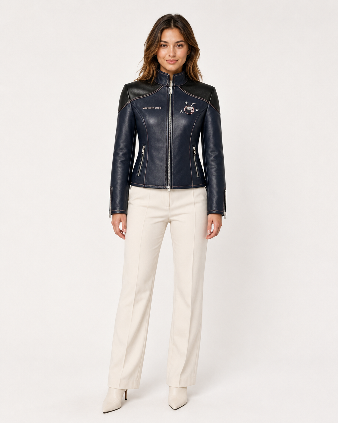Model wearing PinkyCoco Midnight Star Women's Leather Fashion Jacket, front view