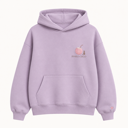 Model wearing the PinkyCoco Moon Meadow Friends oversized fleece hoodie