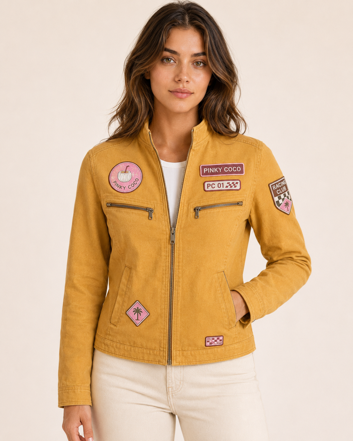 Model wearing the PinkyCoco Mustard Patch women's racing jacket, front view