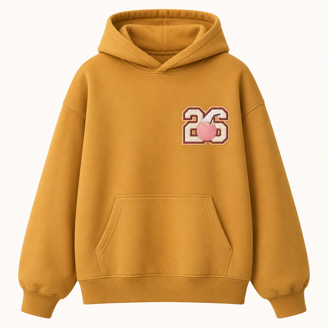 Model wearing the PinkyCoco Mustard Retro Sun Society oversized fleece hoodie
