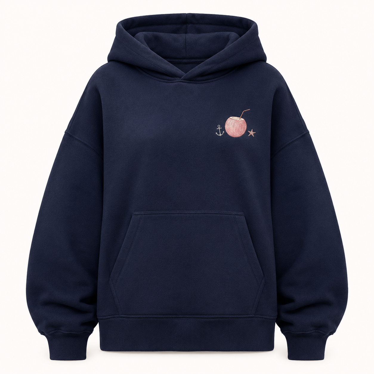 Model wearing the PinkyCoco Navy Moon Tide Anchor oversized fleece hoodie