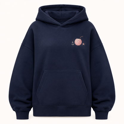 Model wearing the PinkyCoco Navy Moon Tide Anchor oversized fleece hoodie
