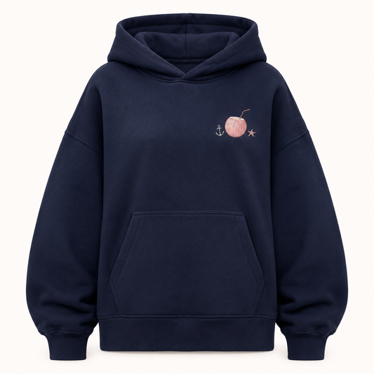 Model wearing the PinkyCoco Navy Moon Tide Anchor oversized fleece hoodie